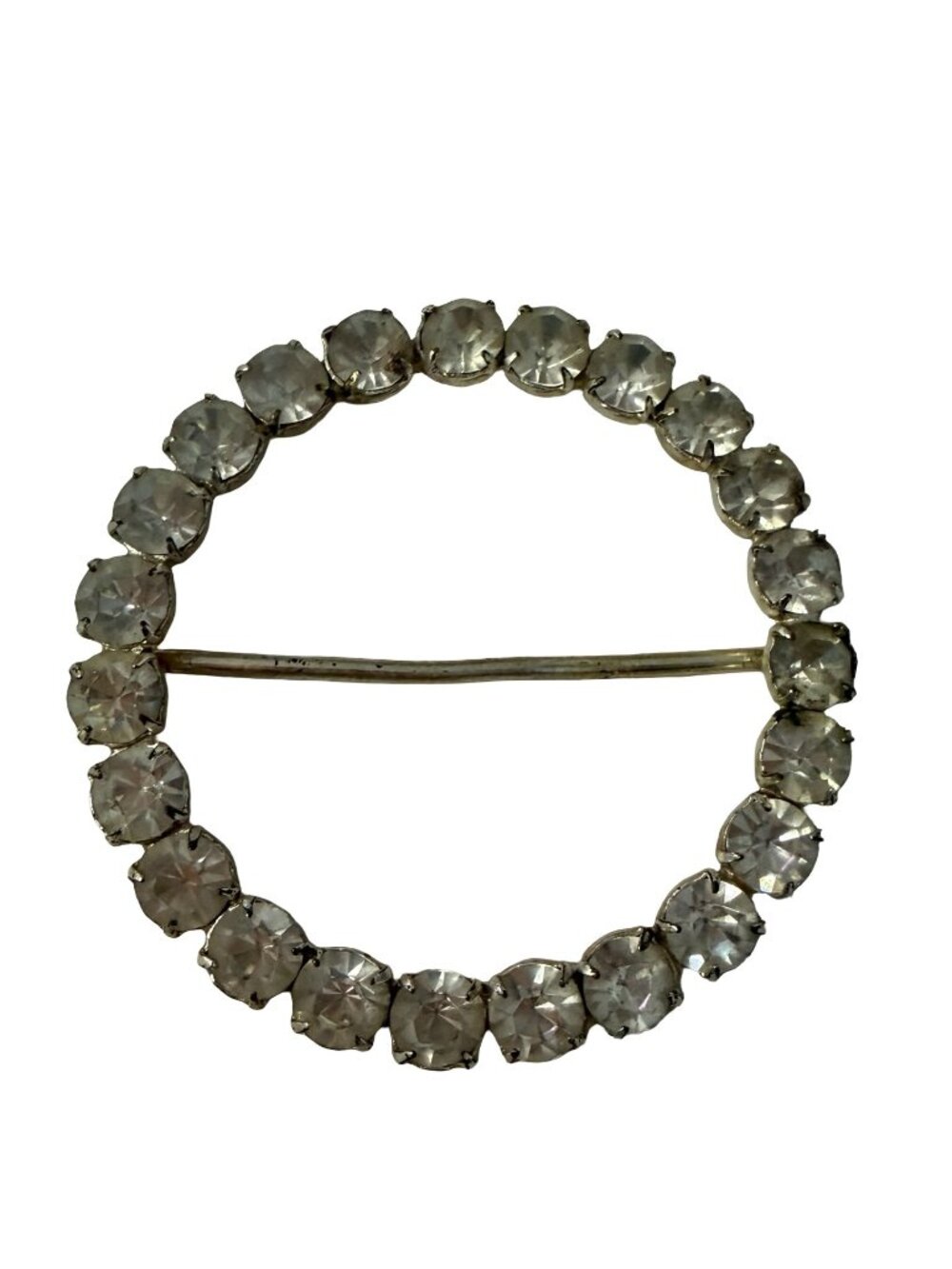 Vintage Czechoslovakia Rhinestone Circle Scarf Slide Buckle 3 Inch Silver Tone